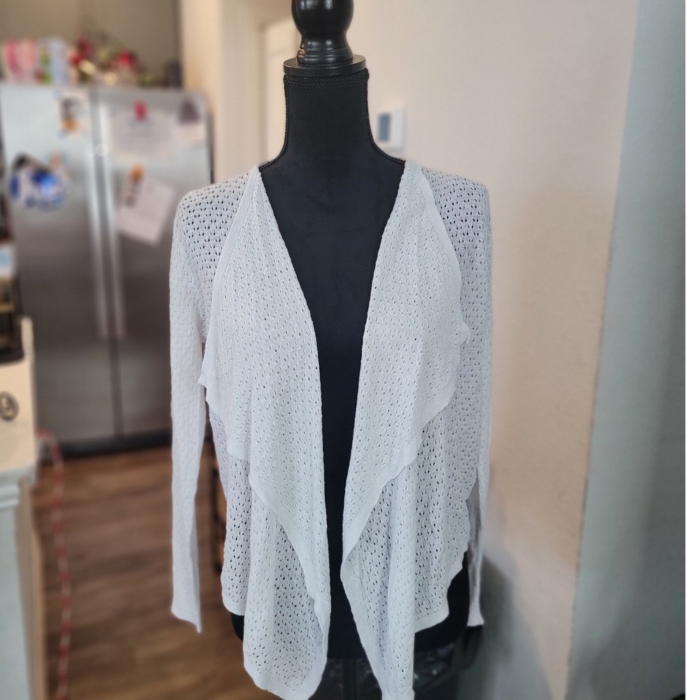Tahari Womens White Pointelle Knit Open Front Waterfall Draped Cardigan Size S